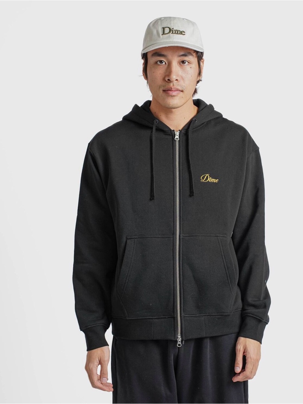 Dime Black Zip-Up Hoodie with Gold Script Logo